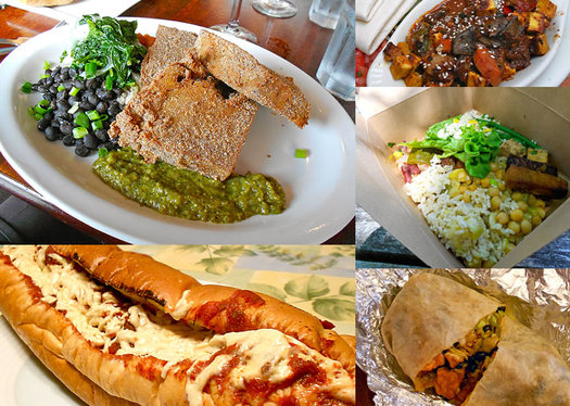 composite of five vegan dishes