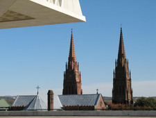 Cathedral of the Immaculate Conception spires Albany from State Museum mezzanine