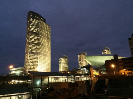 corning tower at night from downtown