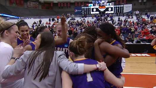 ualbany women celebrating upset over florida