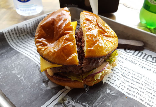 Crave burger on tray