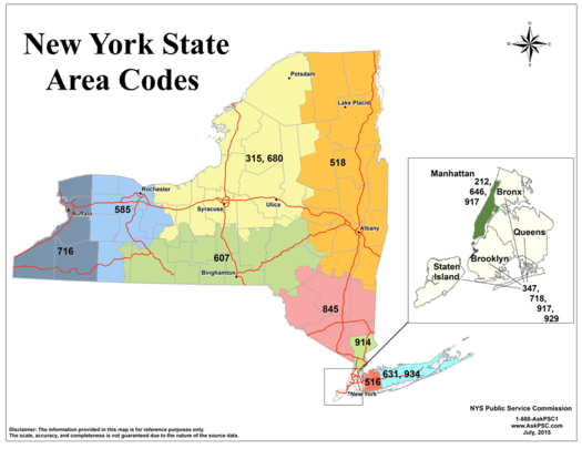new york state area codes as of 2015-July