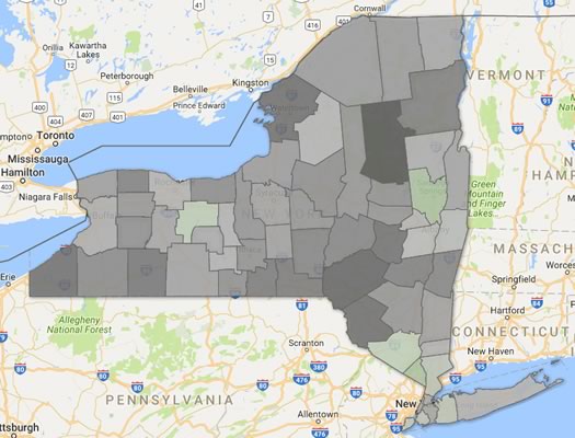 New York State counties 2010-2016 population change without immigrants