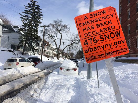 day after 2017 March blizzard Myrtle Ave snow emergency sign