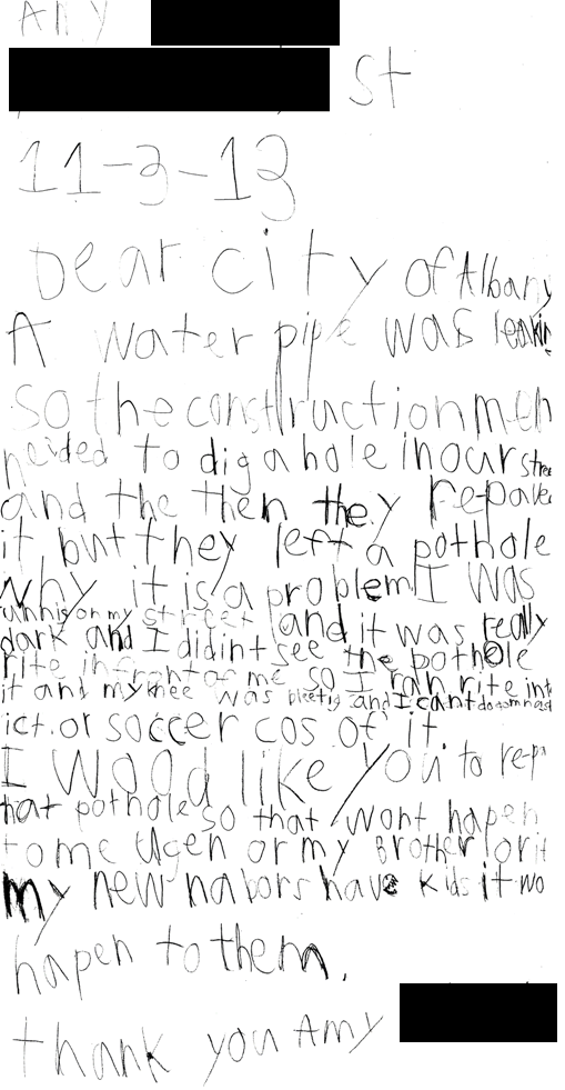 7-year-old Albany resident pothole letter to the city