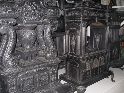 Designs on this cast-iron wood stove exemplify Gothic Revival style