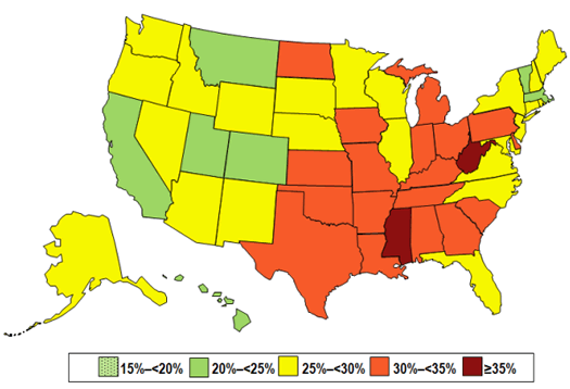 CDC 2013 state obesity prevalence map