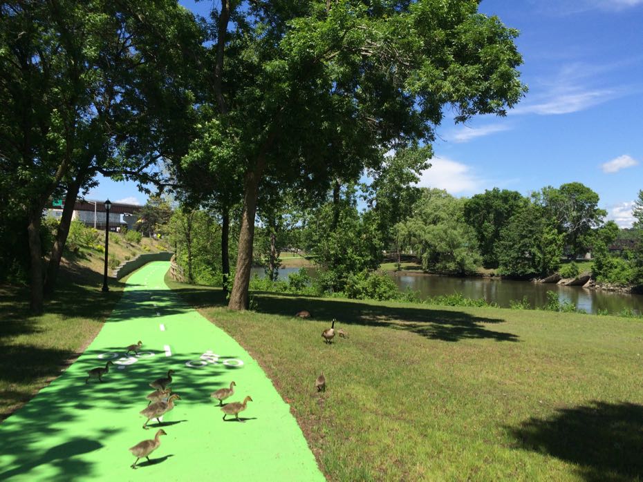 Corning Riverfront Park bike path and pond