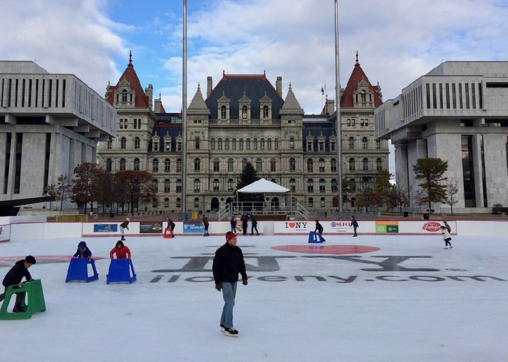 Empire State Plaza ice rink 2017-Dec Capitol background