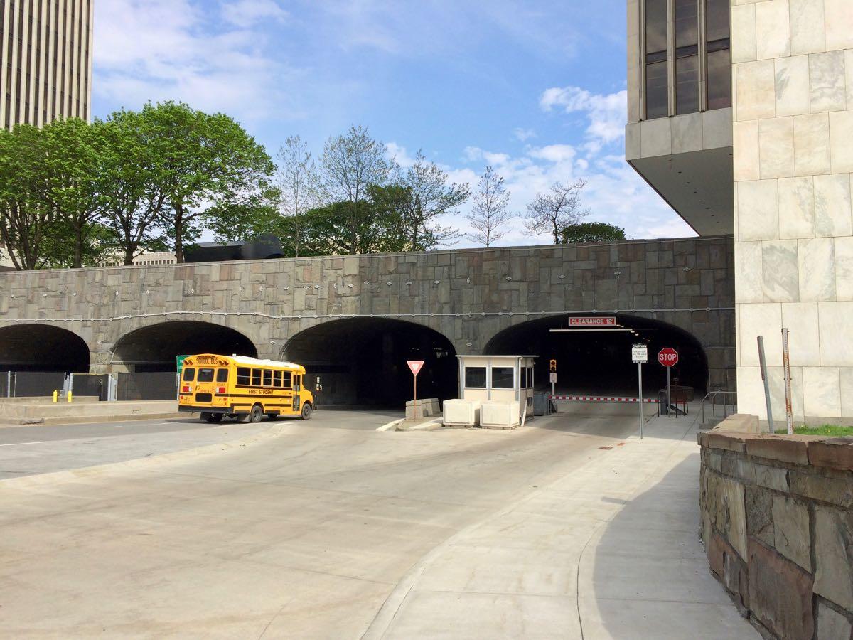 Empire State Plaza indoor bike parking sidewalk to inside