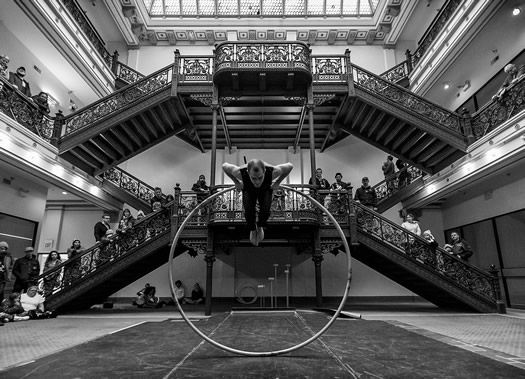 FAQ Circus Frear Atrium performer Justin Dale photo Doug Liebig