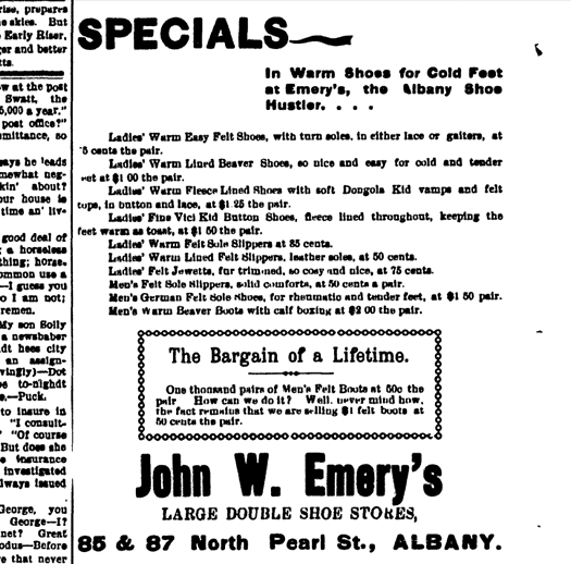 John W Emery shoes ad 1898 Altamont Enterprise