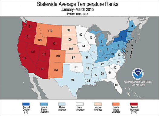 NOAA NCDC national temperatures 2015-Q1