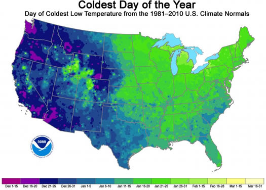 NOAA coldest day of the year around US