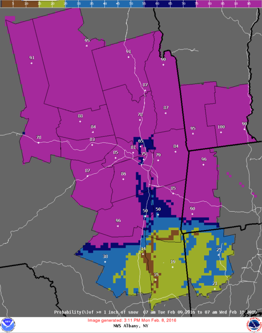 NWS Albany snowfall probability map example