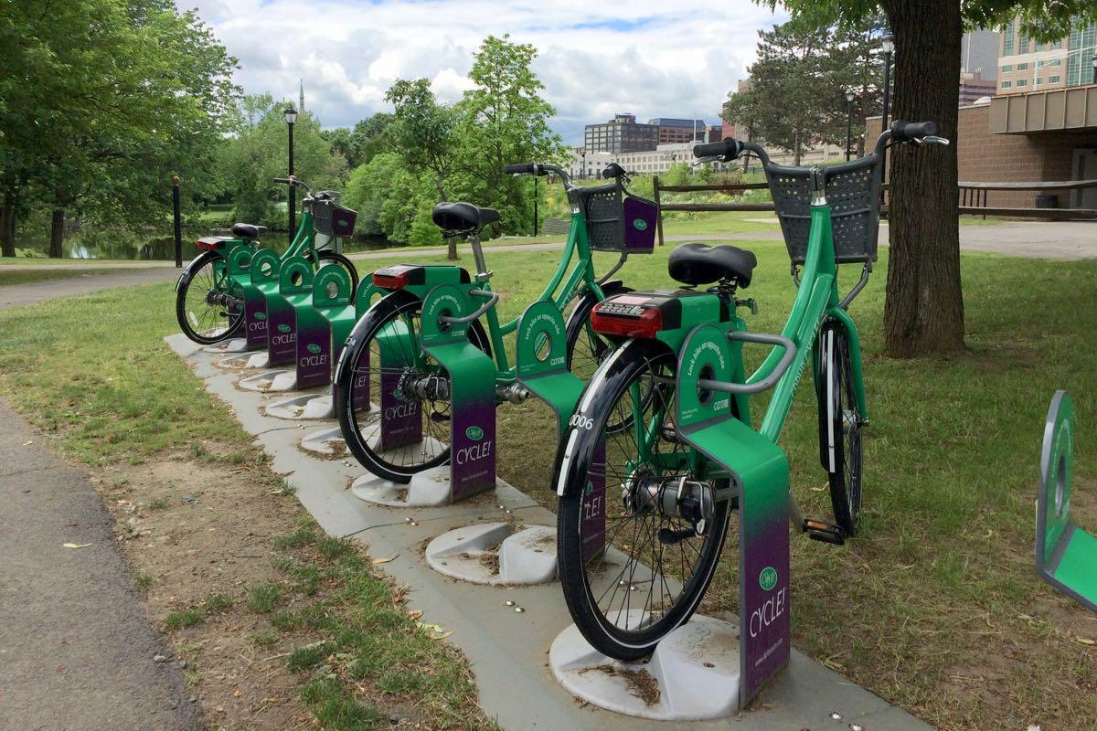 bike share bikes and rack Corning Riverfront Park