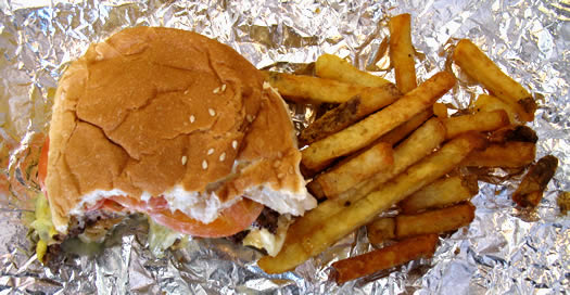 burger and fries five guys. A little cheeseburger and fries from Five Guys