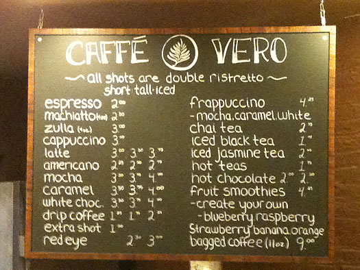 caffe vero menu board