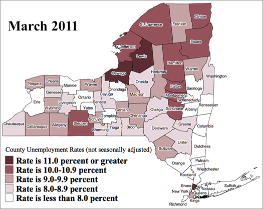 nys unemployment map March 2011