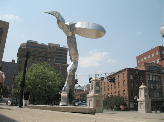 sculpture in the streets at Hudson River Way and Broadway