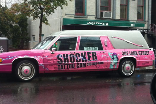 shocker tattoo pink hearse